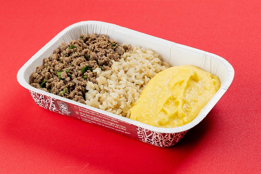 Carne moída com arroz integral e purê de mandioquinha 400g