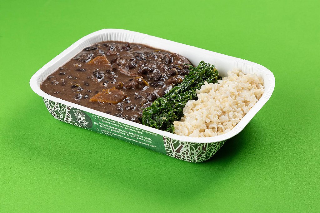 Feijoada vegetariana com arroz integral, couve refogada e farofa de cebola 400g
