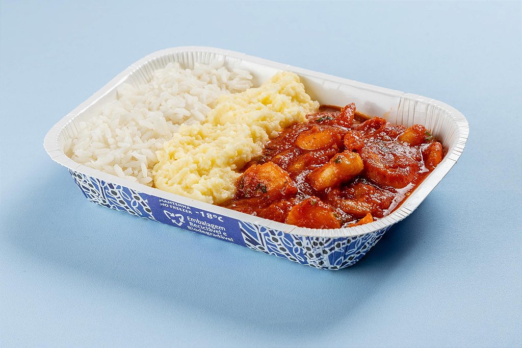 Filé de Saint Peter ao molho natural de tomates com camarão, purê de batatas e arroz branco 400g