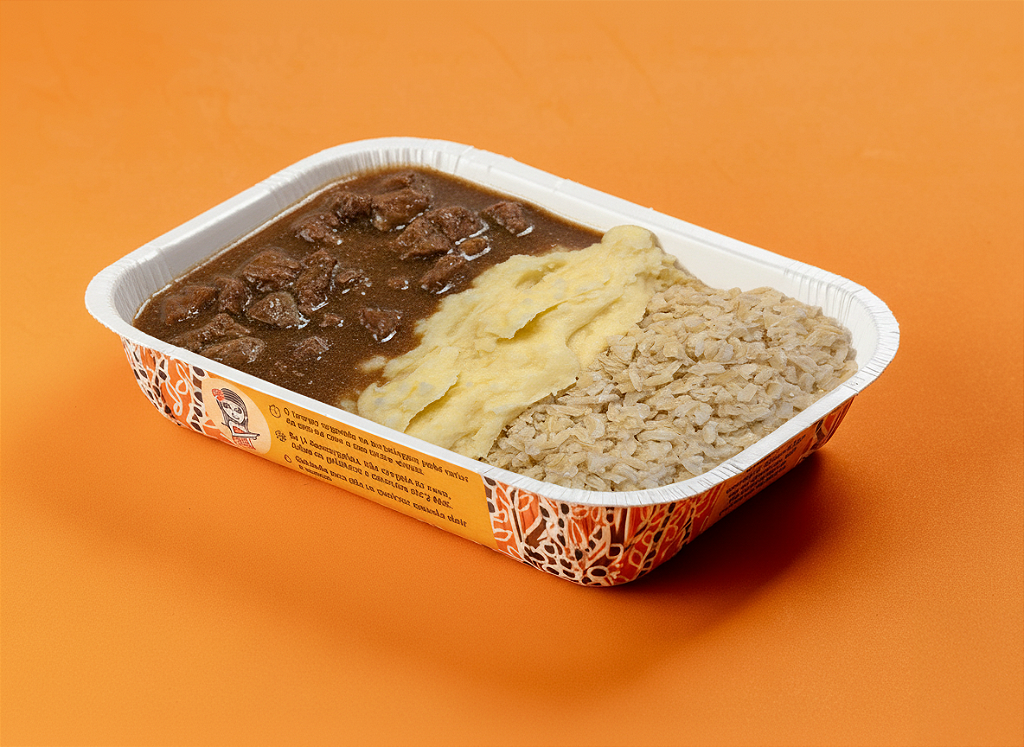 Picadinho de carne ao molho madeira, arroz integral e purê de batatas